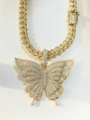 Miniatura 3 de Gargantilla de cadena de eslabones cubanos Miami con acabado de oro de 14 quilates para mujer, collar de raperos de mariposa helada, juego de puntas