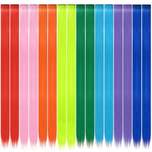 Miniatura 2 de FESHFEN Extensiones de cabello con clip de colores, 16 piezas de 8 colores resaltados, piezas de cabello sintético lacio con clip para mujer, 22