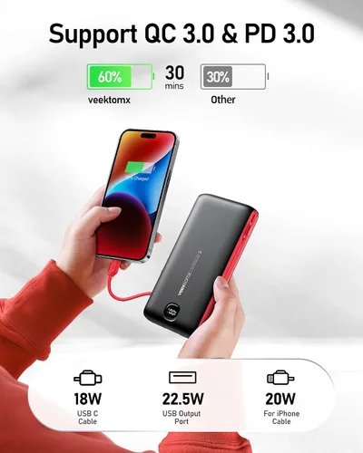 Miniatura 4 de VEEKTOMX Cargador portátil con cables integrados de 20000 mAh, banco de energía para iPhone con enchufe de pared de CA, batería delgada USB C