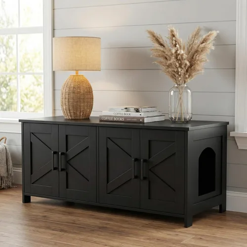Miniatura 14 de Caja de arena para gatos Homhedy, mueble de baño de madera para gatos con puerta de granero, casa para mascotas, se adapta a la mayoría de las cajas