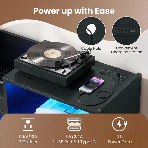 Miniatura 7 de Giantex Soporte grande para tocadiscos con luz LED, soporte para tocadiscos moderno de mediados de siglo con puerta deslizante, estación de carga
