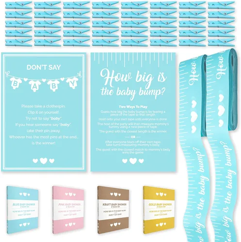 Party Hearty Juegos Divertidos de Baby Shower para Niño, Juego de 2: ¿Qué Tan Grande Está la Pancita? y No Digas Bebé, Azul Azul - Combo Tm y Dsb