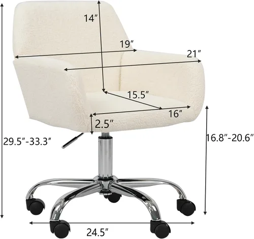 Miniatura 2 de Silla de escritorio giratoria peluda, silla de oficina tapizada de tela de peluche blanca, silla de tocador con ruedas ajustable en altura