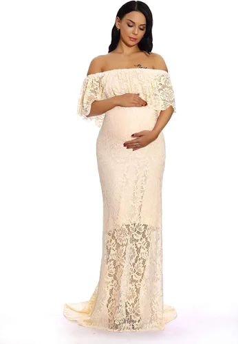 ZIUMUDY Vestido de maternidad de encaje con volantes y hombros descubiertos para mujer, maxi vestido de fotografía para baby shower