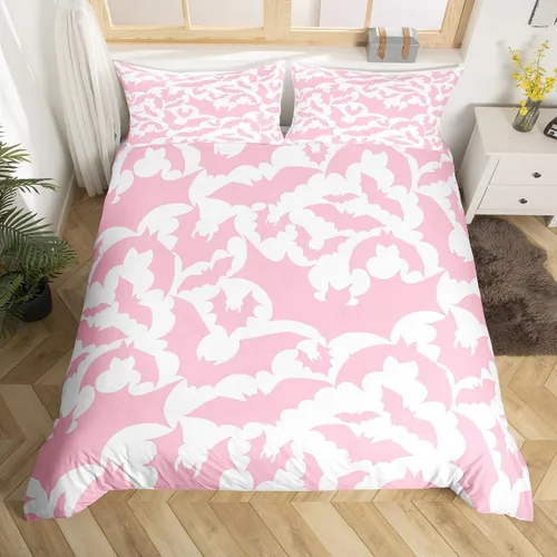 Juego de funda de edredón con temática de Halloween, tamaño individual, estampado de animales salvajes de murciélagos rosados para niños y niñas,