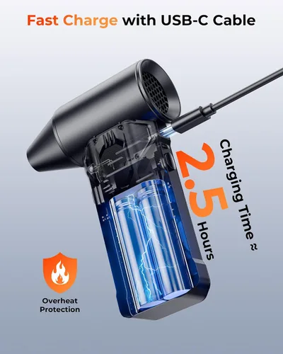 Miniatura 7 de Plumero de aire comprimido, plumero de aire inalámbrico de alta potencia de 110000 RPM, soplador de polvo recargable con 3 ajustes de engranajes
