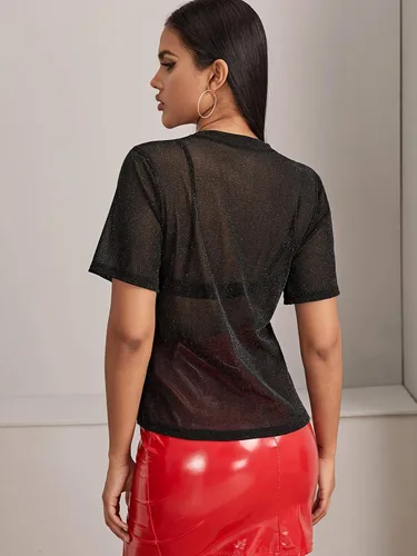 Miniatura 2 de MakeMeChic Blusa de verano de manga corta para mujer con malla transparente y sexy