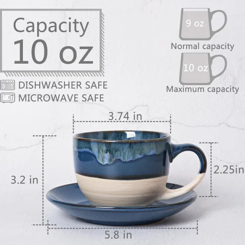 Miniatura 2 de Bosmarlin Juego de 2 Tazas de Capuchino de Cerámica con Platillo, 10 Oz, Tazas de Café para Café con Leche, Espresso, Té, Aptas para Lavavajillas