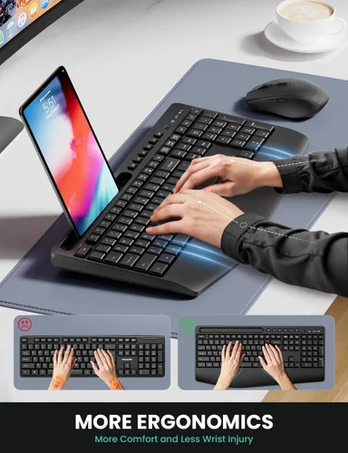 Miniatura 2 de Combinación ergonómica de teclado y mouse inalámbricos, LIZRROT 2.4 GHz, silencioso, de longitud completa, soporte de muñeca, soporte para teléfono