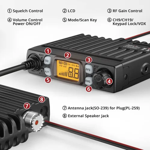 Miniatura 3 de Radioddity Radio CB-27 Pro CB de 40 canales mini móvil con canal de emergencia instantánea AM FM 9/19, salida de potencia de 4W, pantalla LCD, VOX