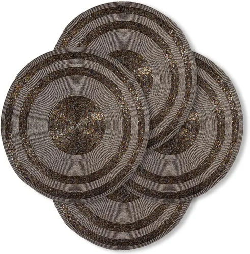 Decozen Juego de manteles individuales redondos plateados con cuentas de vidrio de 8 a 14 pulgadas para platos de cena, manteles individuales hechos