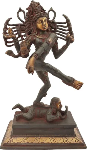 Shiva de baile de 14 pulgadas en latón, hecho a mano, fabricado en la India, estatua de latón, color verde y dorado Sindoori Oro Verde