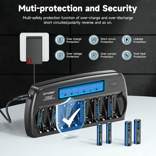 Miniatura 6 de CITYORK Cargador de batería AA AAA de 12 bahías con función de actualización, cargador de batería inteligente con pantalla LCD