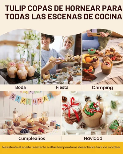 Miniatura 9 de Forros para magdalenas de tulipán Katbite 200 unidades, tazas para hornear magdalenas ProSmooth color marrón