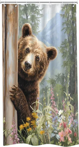 Miniatura 7 de Riyidecor Cortina de ducha de oso pequeño para decoración de baño, 36 pulgadas de ancho x 72 pulgadas de alto, caravana, mitad de vida silvestre
