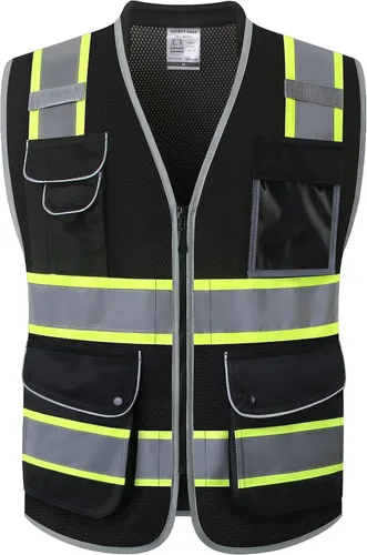 Miniatura 23 de JKSafety Chaleco de seguridad frontal con cremallera de alta visibilidad de 9 bolsillos de color dual MESH Lite Tira reflectante con ribete