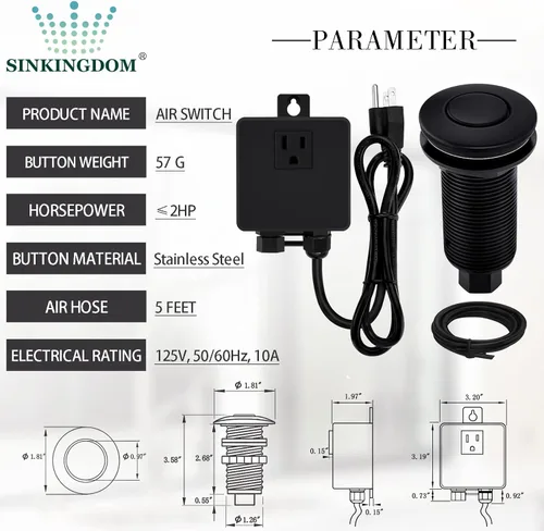 Miniatura 2 de Kit de Interruptor de Aire SinkTop para Triturador de Basura con Botón Largo, Cubierta Hecha de Latón, UL, Negro Mate
