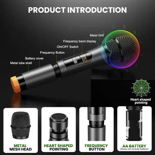 Miniatura 4 de Sistema de micrófono inalámbrico Micrófono dinámico inalámbrico UHF Micrófono de mano inalámbrico de doble canal con Echo Bluetooth Control