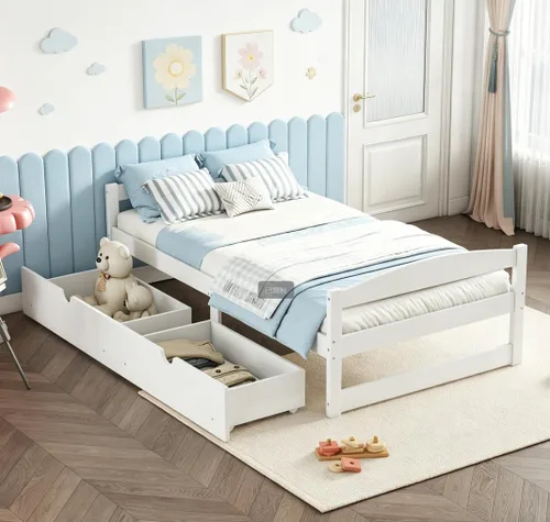 Miniatura 26 de Bellemave Cama infantil de tamaño individual con 2 cajones de almacenamiento, cama individual de madera con almacenamiento, marcos de cama