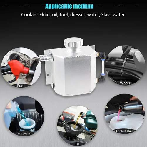 Miniatura 5 de Tanque de Radiador de Refrigerante Universal de 1L - Tanque de Desbordamiento y Expansión, Depósito de Recuperación de Agua (Plateado)