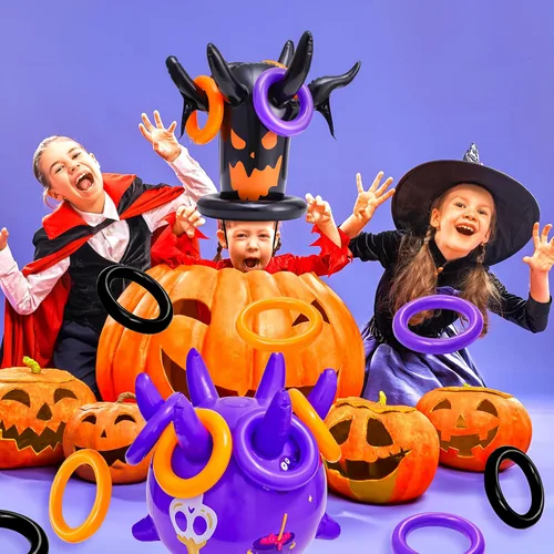 Miniatura 4 de Juego de lanzamiento de anillos de Halloween, inflable, espeluznante, juego de lanzamiento de brujas para niños, suministros de fiesta de Halloween