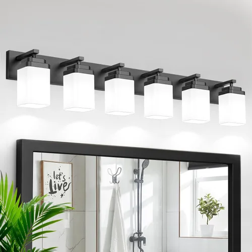 Miniatura 22 de Lámparas de baño de oro cepillado, 4 luces de baño sobre el espejo, diseño cuadrado y placa trasera grande rectangular, accesorios de iluminación