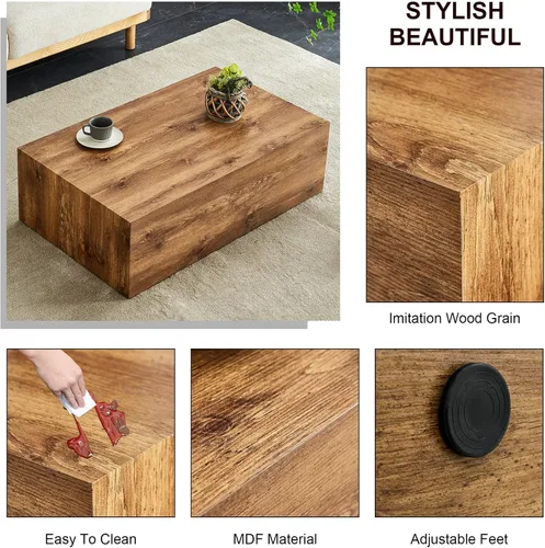 Miniatura 6 de Mesa de café rústica marrón para sala de estar, mesas centrales rectangulares modernas, elegante mesa de cóctel de madera para oficina en casa