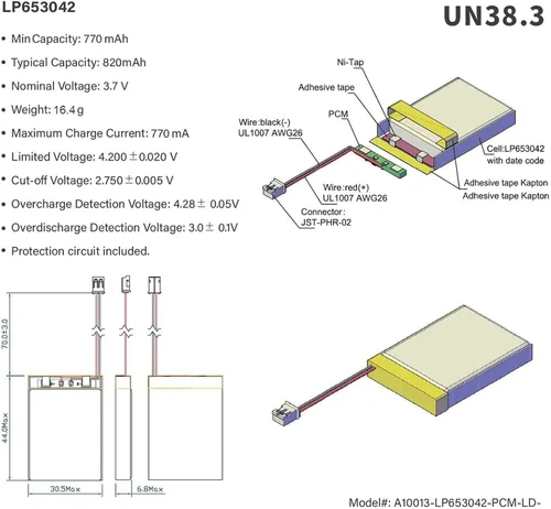 Miniatura 2 de EEMB Batería de polímero de litio 3.7V 820mAh 653042 Lipo Batería recargable con conector JST de cable para altavoz y dispositivo inalámbrico