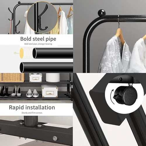 Miniatura 7 de Perchero resistente, perchero y perchero con ruedas, perchero independiente de doble barra para colgar ropa con estante de 2 niveles y organizador