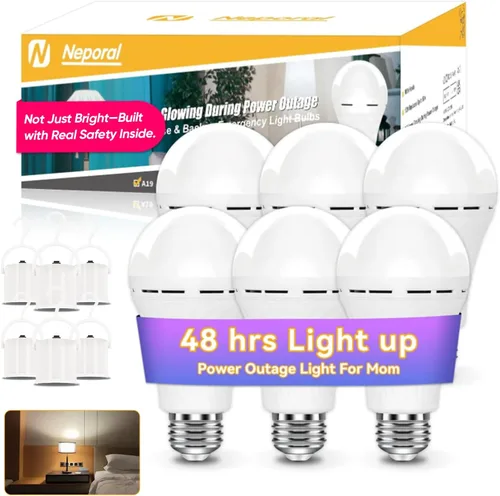 Miniatura 11 de Neporal LITE Bombillas de luz de emergencia recargables A19, se encienden hasta por 48 horas, bombilla de batería, bombilla LED E26 de 5000K, luces