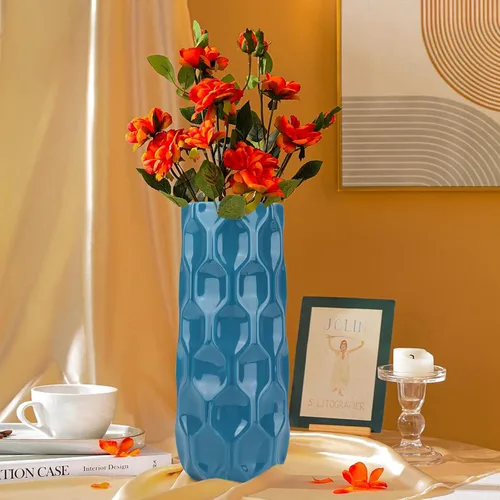 Miniatura 6 de Bdor Jarrón de cerámica, florero de flores de 11 pulgadas, jarrón de panal azul para decoración de habitación, detalles modernos de decoración