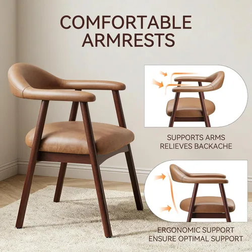 Miniatura 3 de MALOL Juego de 2 sillas de comedor de cuero con reposabrazos, silla de comedor tapizada con respaldo curvado y patas de madera, sillas de cocina