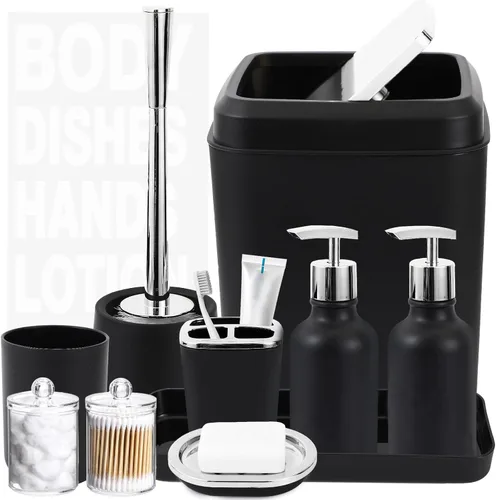 Miniatura 19 de XLHOMO Juego de accesorios de baño negro y dorado - 10 piezas de baño con papelera, dispensador de jabón, jabonera, soporte para cepillo de dientes