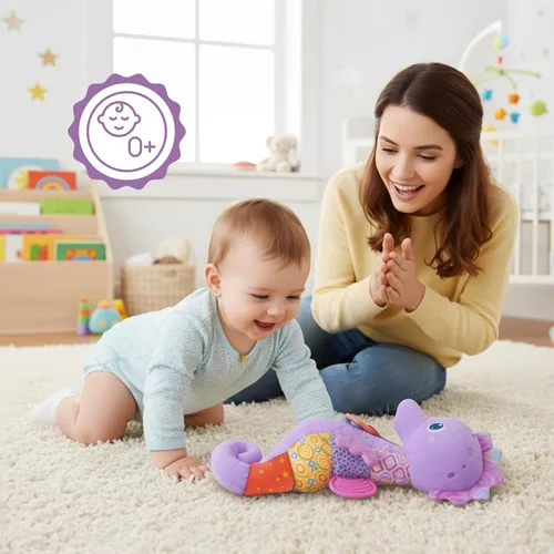 Miniatura 5 de Juguetes para bebés de 0 a 6 meses, animales de peluche musicales para bebés con colores brillantes, juguetes sensoriales de caballito de mar