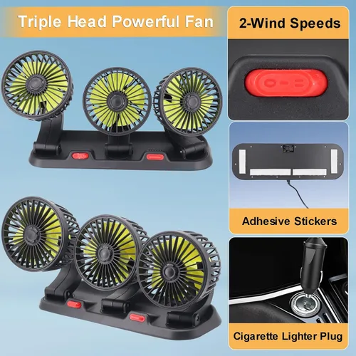 Miniatura 5 de Ventilador de triple cabezal para auto, aire acondicionado portátil para auto con rotación de 360° Enchufe para encendedor de cigarrillos para auto