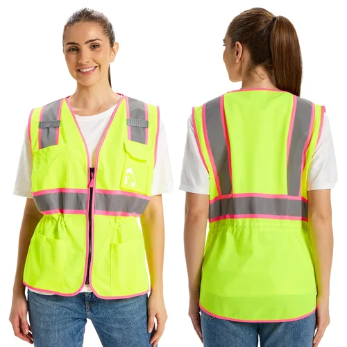 Miniatura 10 de Chaleco de Seguridad de Alta Visibilidad para Mujeres, Chaleco de Construcción de Trabajo con Cintura de Cordón con Bolsillos y Cremallera, Chaleco