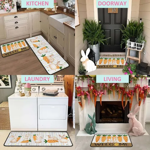 Miniatura 6 de Juego de 2 alfombras y tapetes de cocina de conejo de zanahoria y conejo, decoración de Pascua antideslizante, decoración de Pascua para el hogar