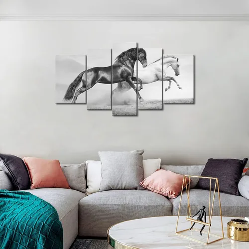 Miniatura 3 de Arte de pared de 5 paneles negro Friesian Running Horse Trot en el campo al atardecer, hierba y flores, cuadros impresos en lienzo animal la imagen