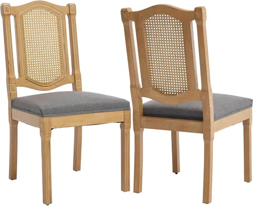 Miniatura 19 de Juego de 2 sillas de comedor de campo francés, sillas de comedor de madera de granja beige, silla de comedor con respaldo tejido con cojín tapizado