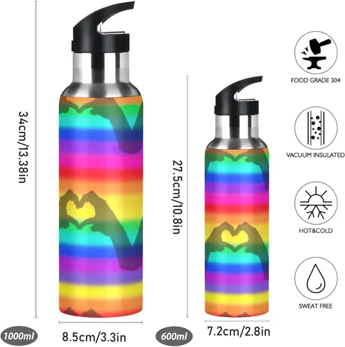 Miniatura 2 de Rainbow Stripes - Botella de agua aislada de acero inoxidable con pajilla, botellas de agua a prueba de fugas, botella de agua deportiva sin BPA