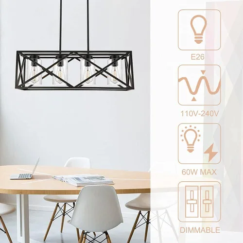 Miniatura 5 de Lámpara de araña negra para comedor con 4 luces, con cristal semillado, base E26