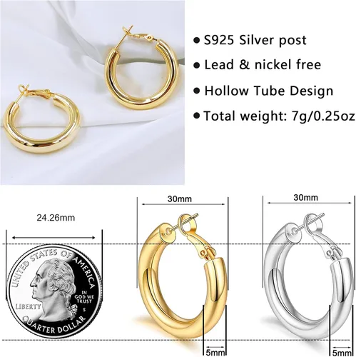 Miniatura 3 de Aretes de aro de oro grueso, aros ligeros de tubo de aulllow dorados gruesos para mujer, aretes grandes hipoalergénicos de 0.984in, 1.181in