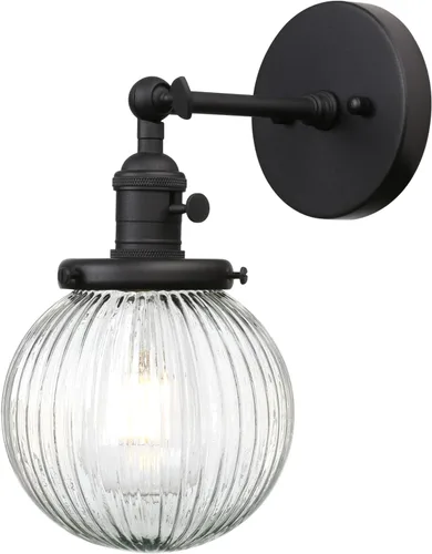PERMO Aplique de Pared Industrial Vintage Negro Mate Aplique de Pared Individual con Pantalla de Vidrio Acanalado Transparente Redonda de 5.9" Luz
