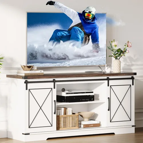 Miniatura 11 de GarveeHome Soporte de TV de granja para TV de hasta 65 pulgadas y centro de entretenimiento con puertas corredizas de granero y estante ajustable