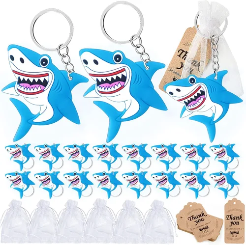 CiciBear Paquete de 60 decoraciones de fiesta del mundo marino para invitados, 20 llaveros de tiburón, 20 etiquetas y 20 bolsas de regalo para