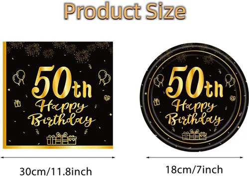 Miniatura 2 de 40 piezas Decoraciones de 50 cumpleaños Juego de mantelería para fiesta de 50 cumpleaños Incluye platos y servilletas de 50 cumpleaños en negro