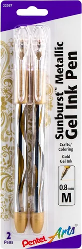 Pentel Arts Sunburst - Bolígrafo de gel metálico, línea media, permanente, tinta dorada, paquete de 2 (K908BP2X)