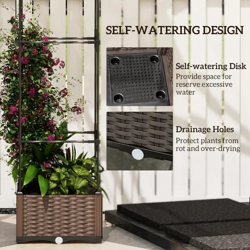 Miniatura 3 de Outsunny Cama de jardín elevada con enrejado, maceta de riego automático, macetas de tomate de 69.7 pulgadas para plantas trepadoras, flores de vid