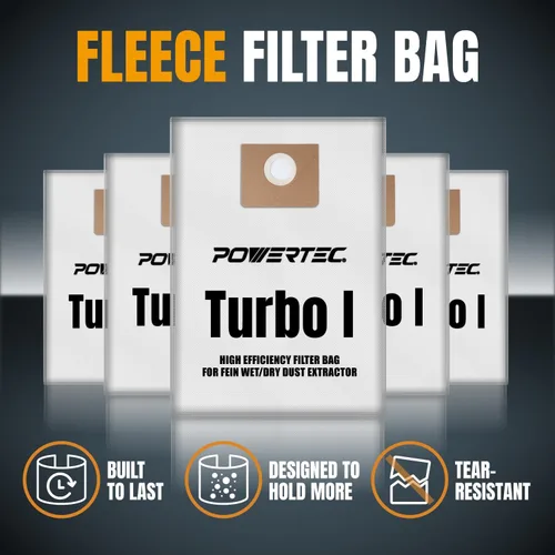 Miniatura 8 de POWERTEC Turbo I, 9-20-27 Bolsas de filtro de forro polar, 5 unidades, para Fein Dustex 25 L, extractor de polvo húmedo y seco, para Fein