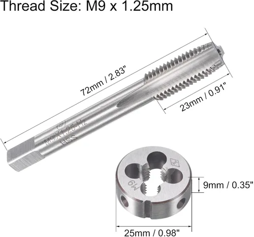 Miniatura 2 de uxcell M9 x 0.049 in Juego de llaves métricas y troqueladoras, rosca de máquina con troquel de roscado redondo, kit de grifo y troquelado